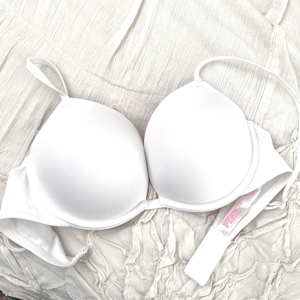 Victoria's Secret Bombshell Add-2-Cups Push-Up Bra White Solid Pink Lining 32C